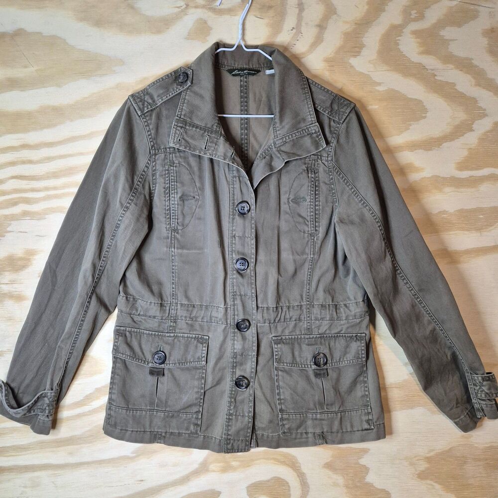 Eddie Bauer Women's L Brown Utility Field Jacket 100% Cotton Military Safari